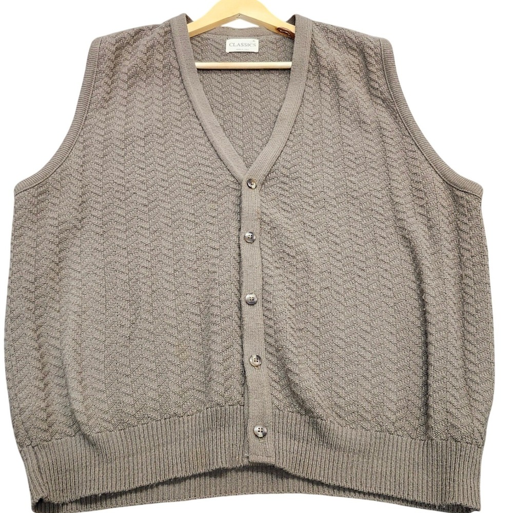 Vintage Classics Mens XL Taupe Brown Textured Chevron Knit Cardigan Sweater Vest